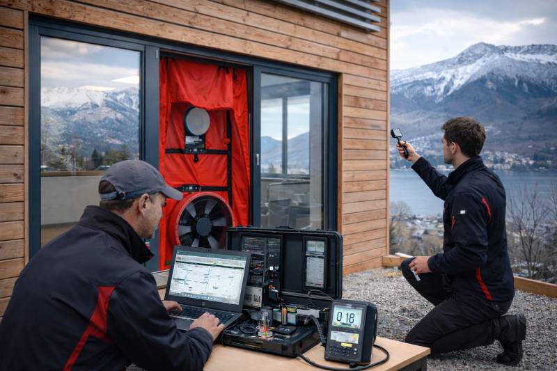 Test infiltrométrie d'une maison passive à Annec